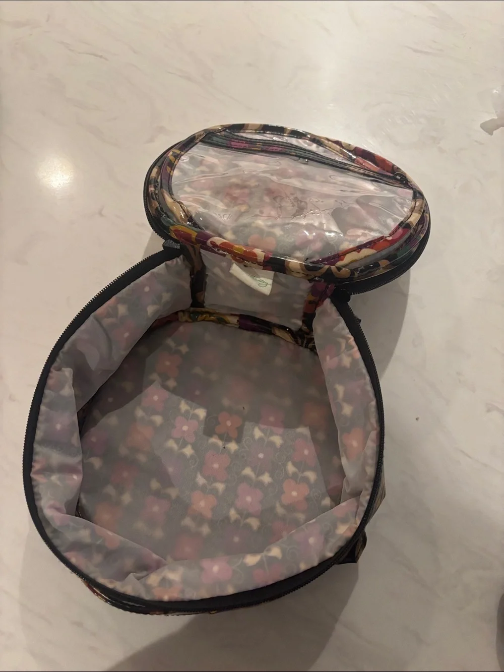 Vera Bradley Floral Pattern Round Cosmetic Bag in Black and Purple